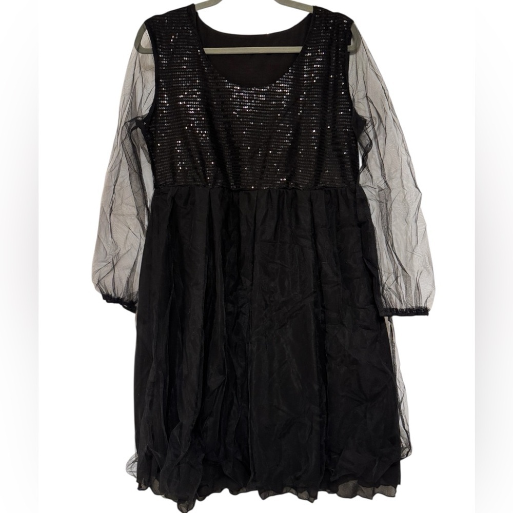 NWT Black Sequin Tulle Long Sleeve Party Dress L